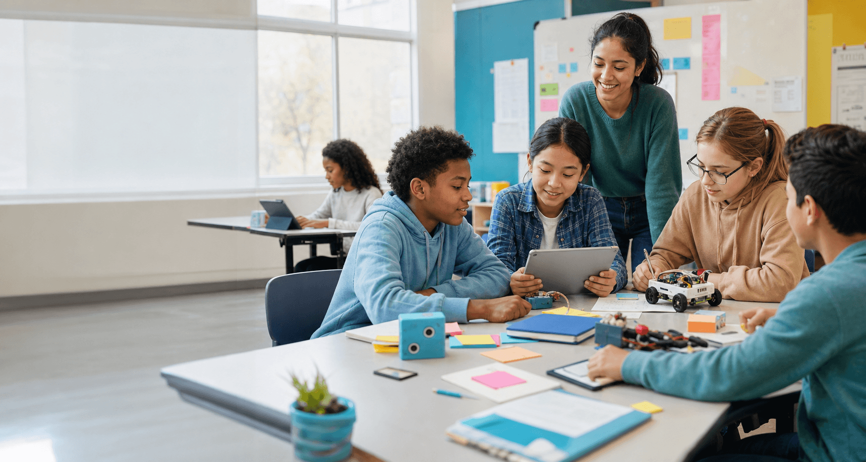 Students learning AI literacy with a teacher in a bright classroom.